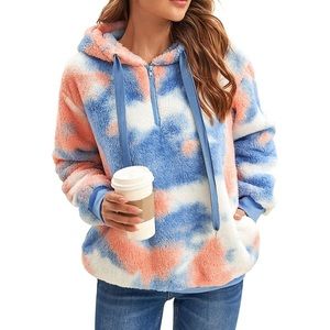 Pullover Tie Dye Fuzzy Hoodie Double Fleece Sweater Fluffy โCHOOSE A COLOR/SIZE